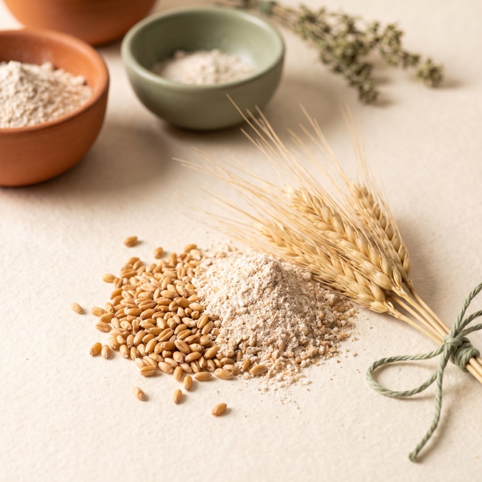 Spighe di grano e farina macinata a pietra